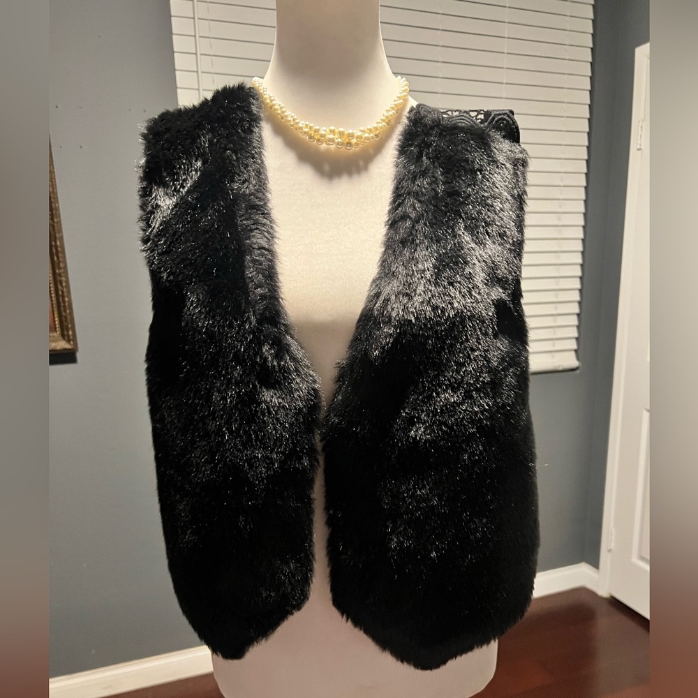 Women's Black Faux Fur Vest with Lace Back. Size L